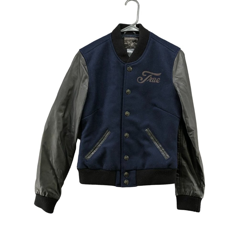 True Religion Mens Lamb Leather Wool Blend Varsity Jacket Navy Black Size M